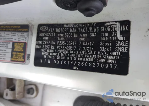 2012 Kia Sorento Lx V6 из США, поврежденный, VIN 5XYKT4A26CG270937